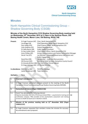 Minutes of Meeting - North Hampshire Clinical Commissioning Group