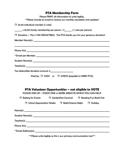 PTA Membership Form PTA Volunteer Opportunities not eligible to VOTE