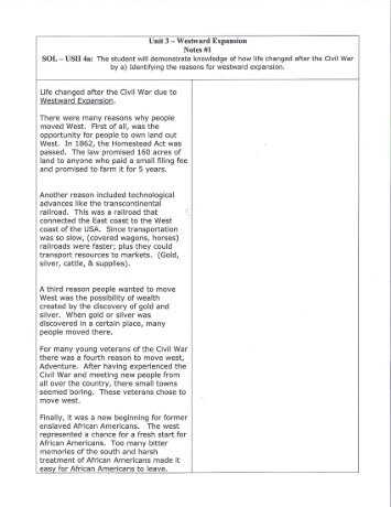 Unit 3 â Westward Expansion Notes #1 SOL âUSII 4a: The student ...