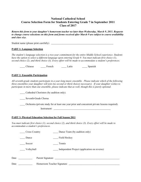 Grade 6 - Course Selection Form - National Cathedral School