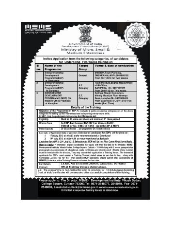 Invites Application from the following categories ... - MSME-DI Cuttack
