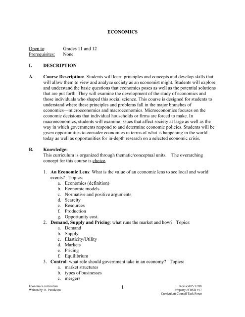 ECONOMICS Open to: Grades 11 and 12 Prerequisites: None I ...