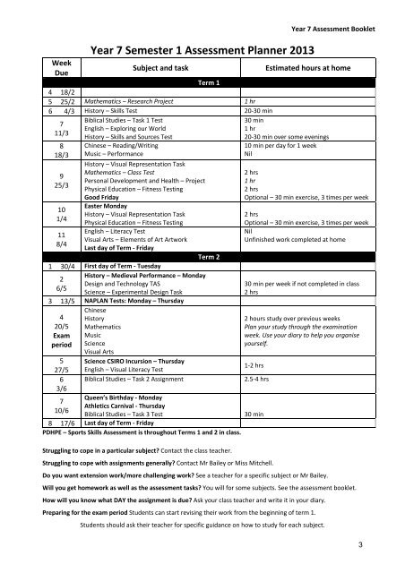 Year 7, 2013 Assessment Booklet - Inaburra School