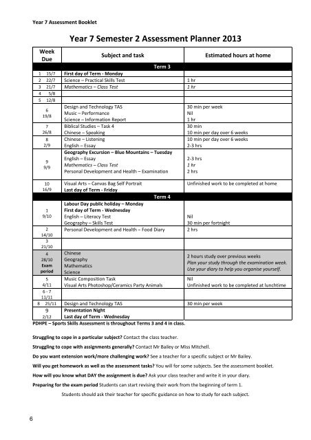 Year 7, 2013 Assessment Booklet - Inaburra School