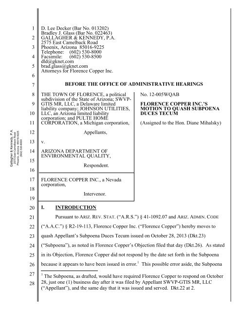 Motion to Quash Subpoena Duces Tecum - Arizona Office of ...