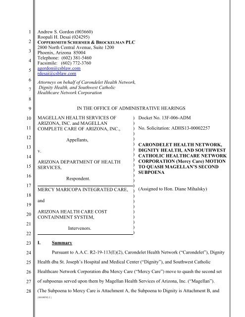Motion to Quash Magellan's Second Subpoena - Arizona Office of ...