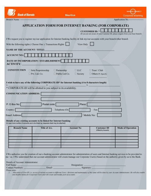 APPLICATION FORM FOR INTERNET BANKING (FOR CORPORATE)