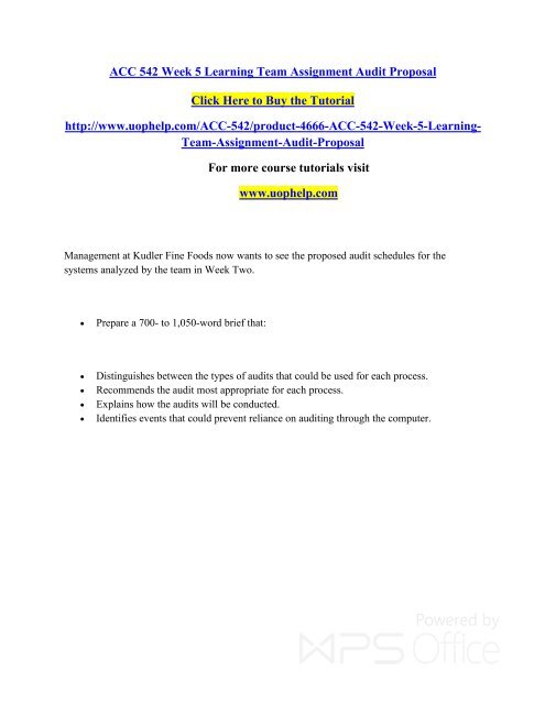 ACC 542 Week 5 Learning Team Assignment Audit Proposal/Uophelp