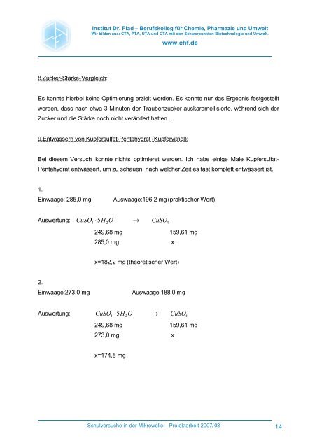 Projektarbeit Schulversuche in der Mikrowelle - Institut Dr. Flad