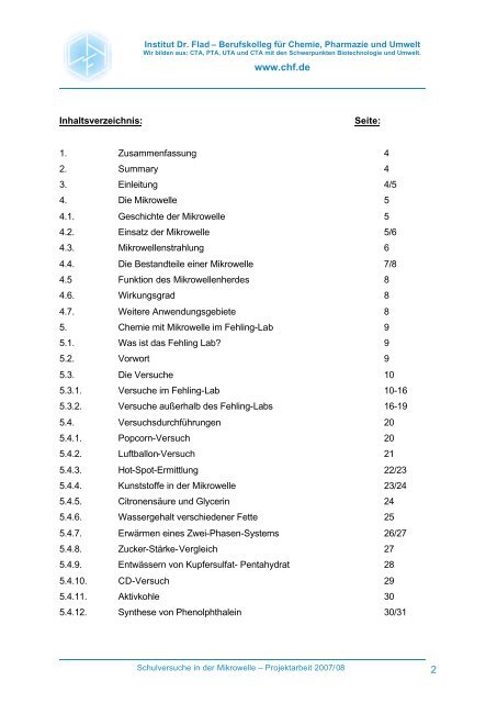 Projektarbeit Schulversuche in der Mikrowelle - Institut Dr. Flad