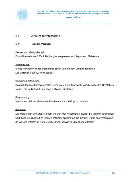 Projektarbeit Schulversuche in der Mikrowelle - Institut Dr. Flad