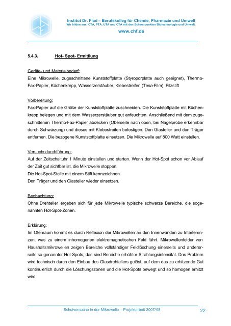 Projektarbeit Schulversuche in der Mikrowelle - Institut Dr. Flad