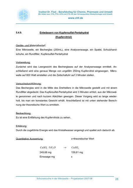 Projektarbeit Schulversuche in der Mikrowelle - Institut Dr. Flad