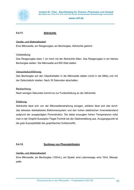 Projektarbeit Schulversuche in der Mikrowelle - Institut Dr. Flad