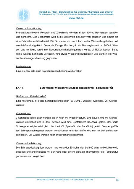 Projektarbeit Schulversuche in der Mikrowelle - Institut Dr. Flad