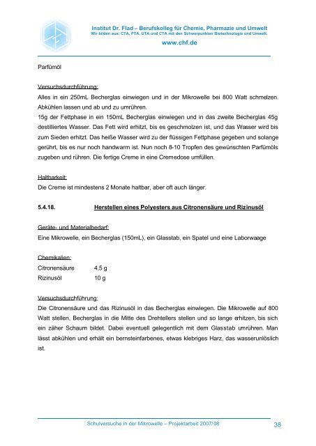 Projektarbeit Schulversuche in der Mikrowelle - Institut Dr. Flad