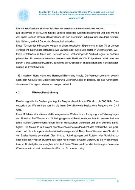 Projektarbeit Schulversuche in der Mikrowelle - Institut Dr. Flad