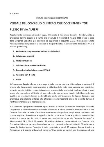 VERBALE DEL CONSIGLIO DI INTERCLASSE DOCENTI-GENITORI PLESSO DI VIA ALFIERI