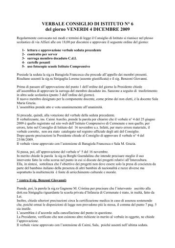 VERBALE CONSIGLIO DI ISTITUTO N° 6 del giorno VENERDI 4 DICEMBRE 2009