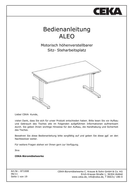 Bedienanleitung ALEO Sitz-Steh-Tisch - CEKA-Büromöbelwerke C ...