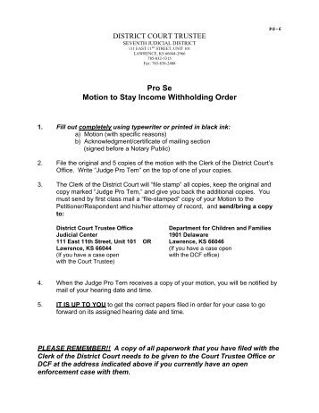 Pro Se Motion to Stay Income Withholding Order