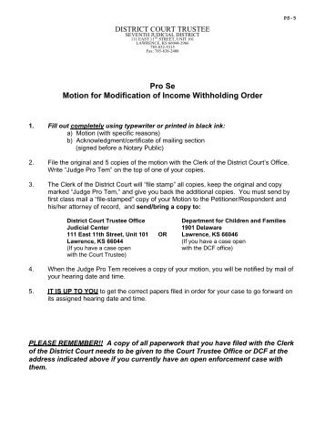 Pro Se Motion for Modification of Income Withholding Order