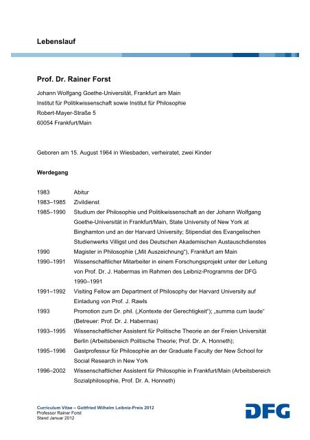 Lebenslauf Prof. Dr. Rainer Forst - DFG