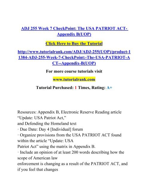 ADJ 255 Week 7 CheckPoint The USA PATRIOT ACT- Appendix B/TutorialRank