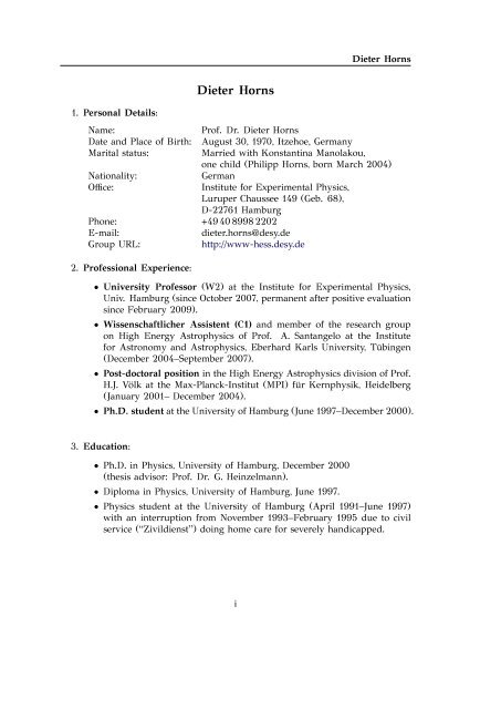 "CV of Prof. Dr. Dieter Horns" - Desy