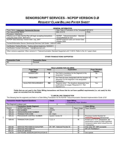 SeniorScript-NCPDP Version D0 Payer Sheet - Catamaran