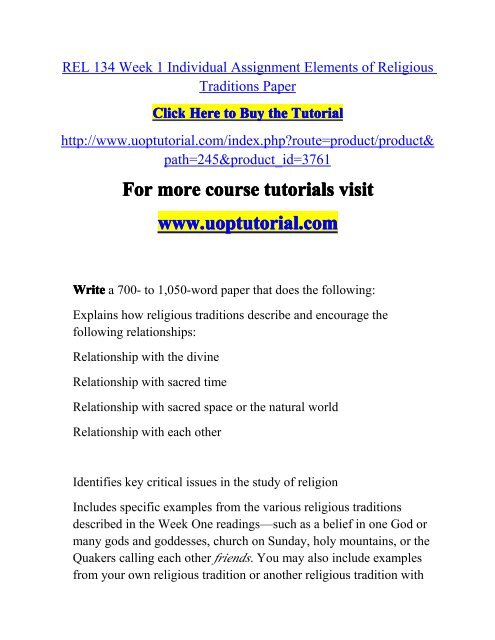REL 134 Week 1 Individual Assignment Elements of Religious Traditions Paper