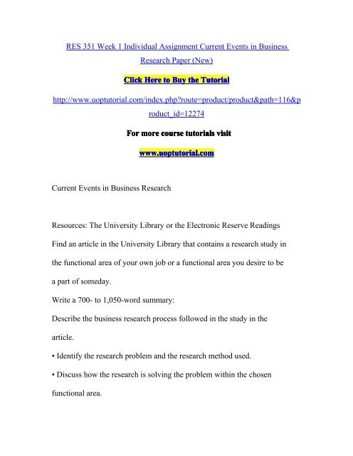 RES 351 Week 1 Individual Assignment Current Events in Business Research Paper (New)