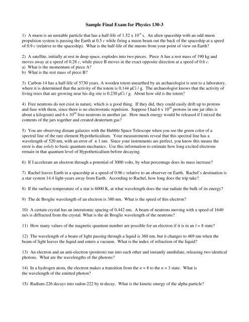 Sample Final Exam for Physics 130-3