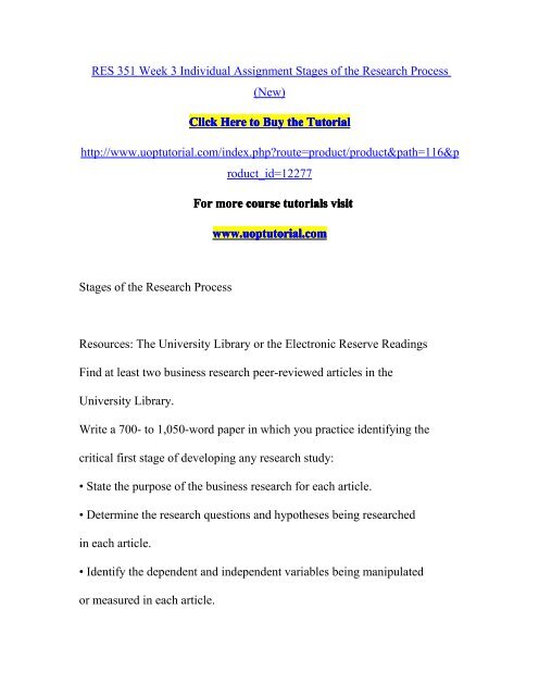 RES 351 Week 3 Individual Assignment Stages of the Research Process (New)