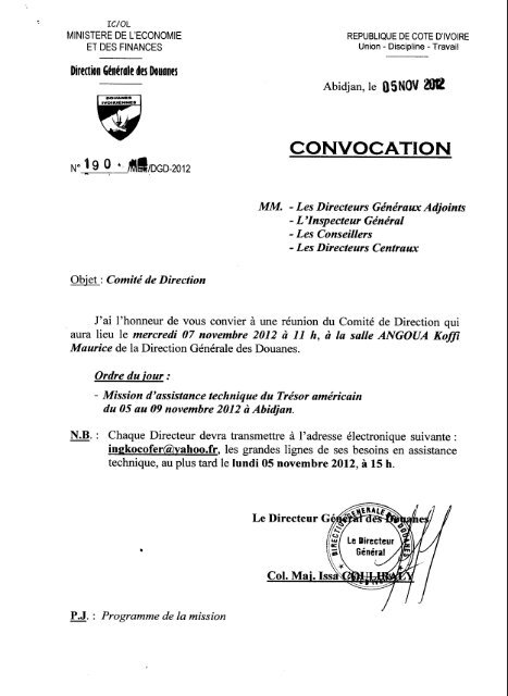 Convocation N 190 Douanes De Cote D Ivoire