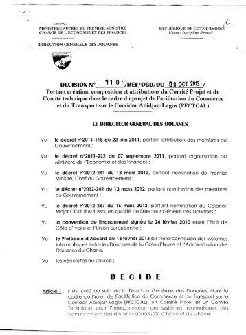 decision n° 1 1 0 '/mef/dgd/du 98 oct 2013 - douanes de côte d'ivoire