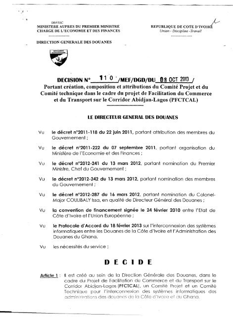 decision n° 1 1 0 '/mef/dgd/du 98 oct 2013 - douanes de côte d'ivoire