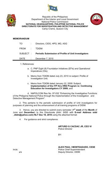 Periodic Submission of Profile of Unit Investigator dtd ... - PNP DIDM