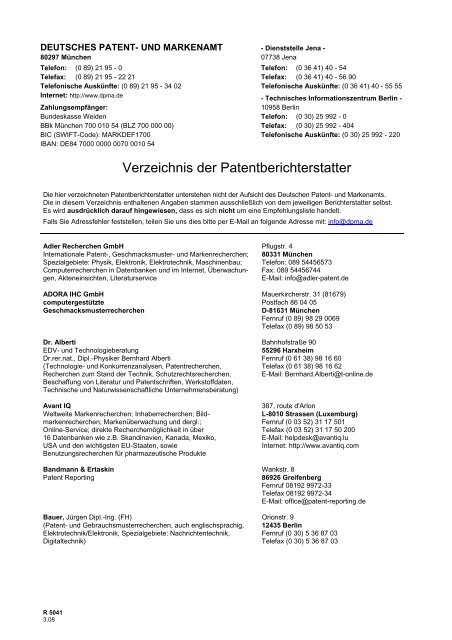 Verzeichnis Der Patentberichterstatter - Dpma