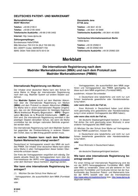 Merkblatt Die internationale Registrierung nach dem Madrider - DPMA