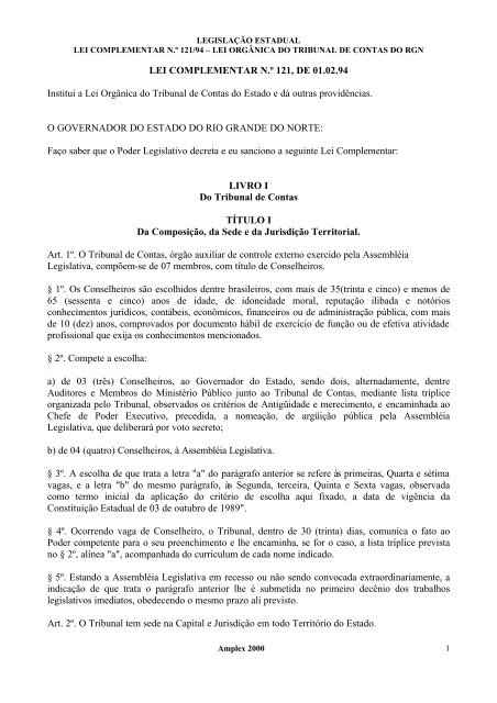 LEI COMPLEMENTAR N.Âº 121, DE 01.02.94 Institui a Lei OrgÃ¢nica ...