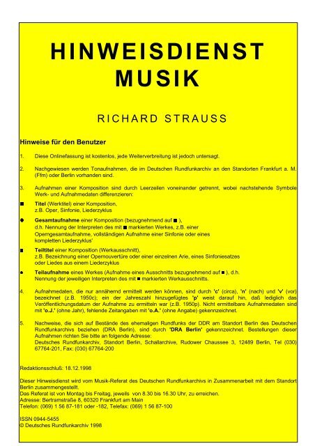 HINWEISDIENST MUSIK - Deutsches Rundfunkarchiv