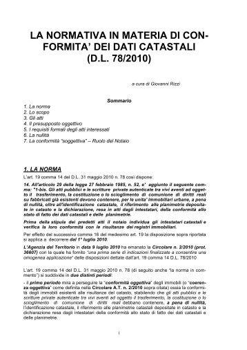 LA NORMATIVA IN MATERIA DI CON- FORMITA’ DEI DATI CATASTALI (D.L 78/2010)