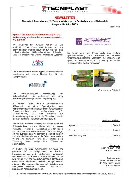 Newsletter 04/09 - Tecniplast Deutschland GmbH