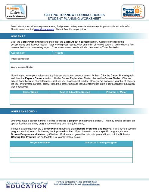 GETTING TO KNOW FLORIDA CHOICES STUDENT PLANNING WORKSHEET