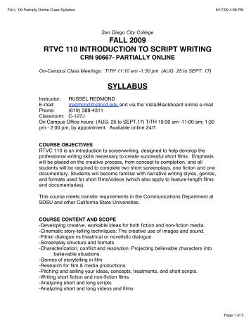 FALL 2009 RTVC 110 INTRODUCTION TO SCRIPT WRITING SYLLABUS