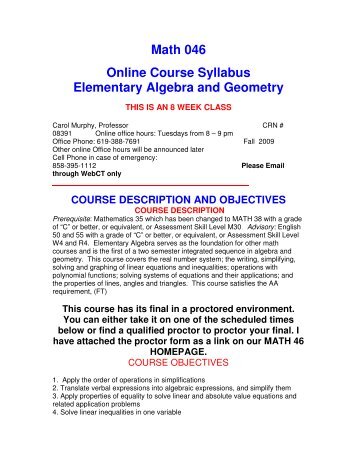 Math 046 Online Course Syllabus Elementary Algebra and Geometry