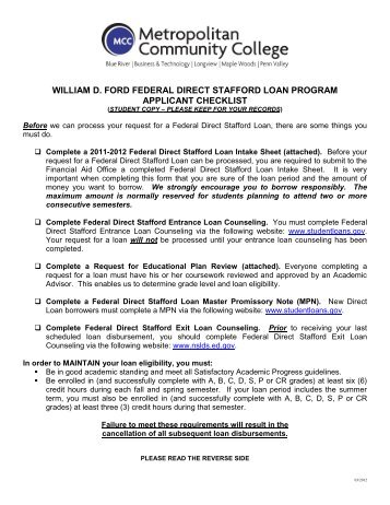 WILLIAM D FORD FEDERAL DIRECT STAFFORD LOAN PROGRAM APPLICANT CHECKLIST