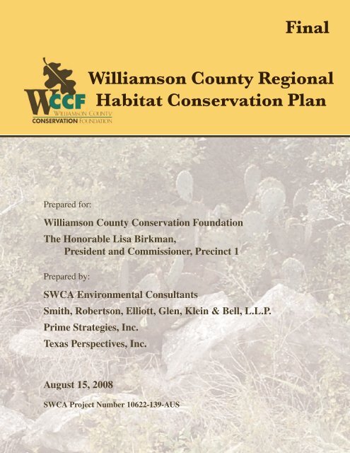 Final Williamson County Regional Habitat Conservation Plan