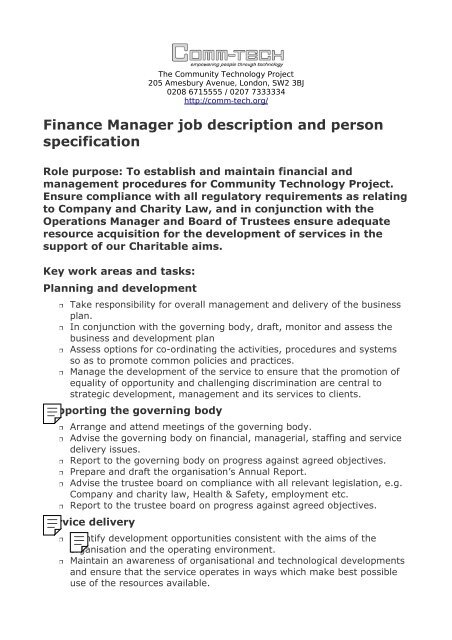 Job Description Finance Director Non Profit : Non Profit Development Director Job Description Duties Salary - A director of finance is responsible for financial health of a company.